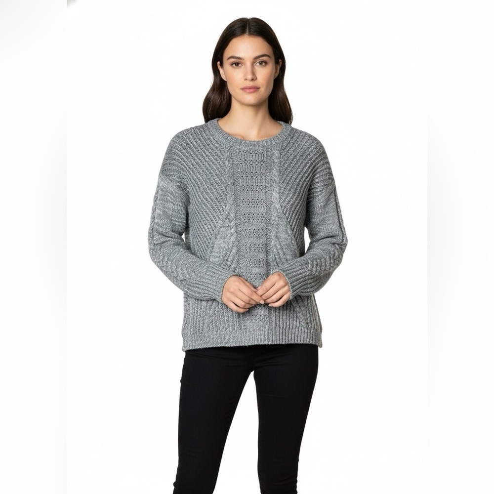 DUFFY 100% Merino Wool Grey Chunky Cable Knit Long Sleeve Crew Neck Sweater Sz S